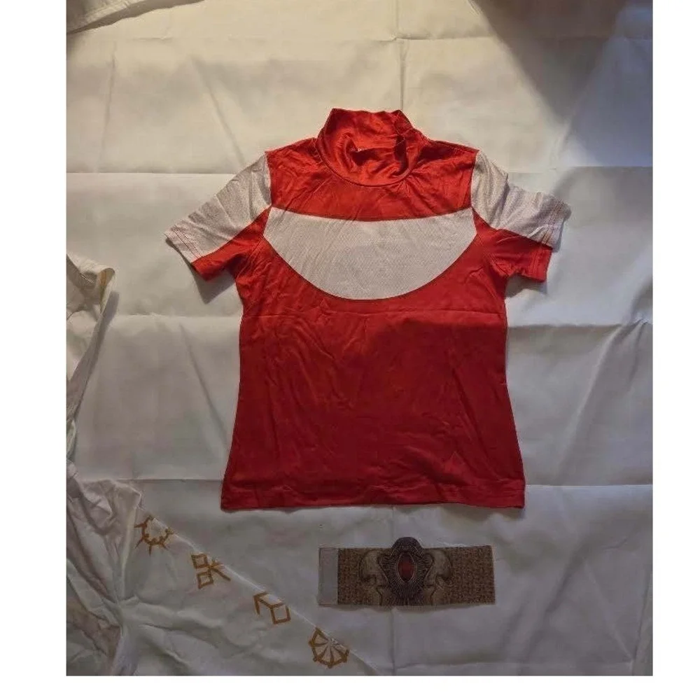 Red and White Cosplay Costume Set with Hooded Shrug and Symbols Size 130